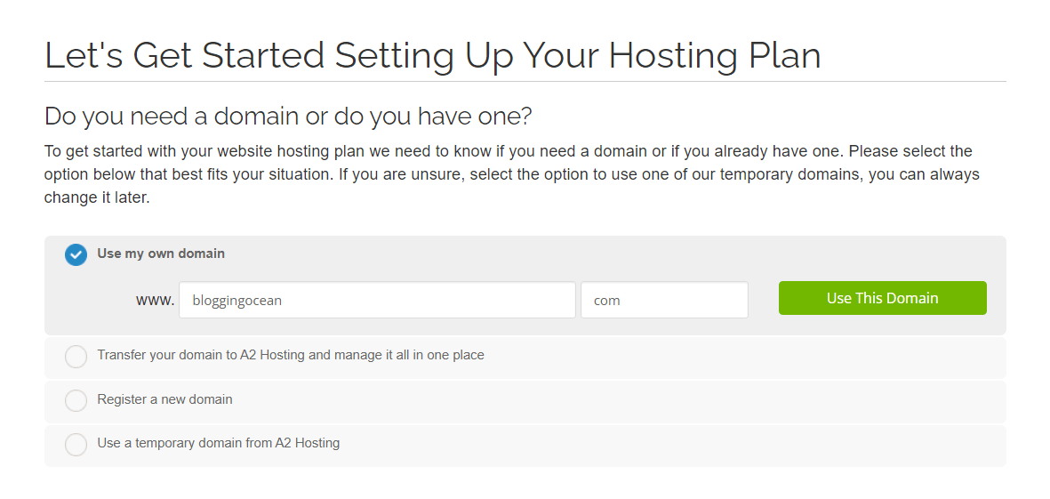 A2 Hosting Domain Selection