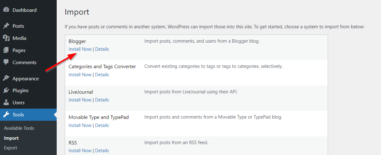 Install Blogger To WordPress Import Plugin