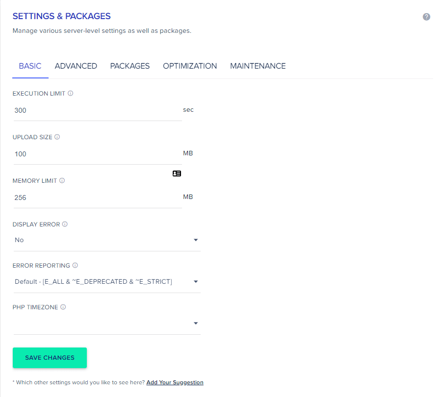 Cloudways Server Settings and Package Basic