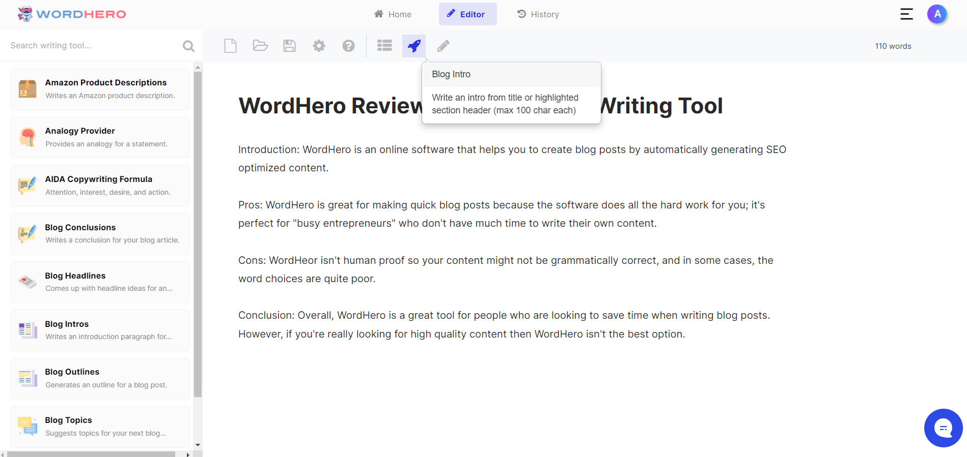 WordHero ბლოგის შესავალი გენერირება
