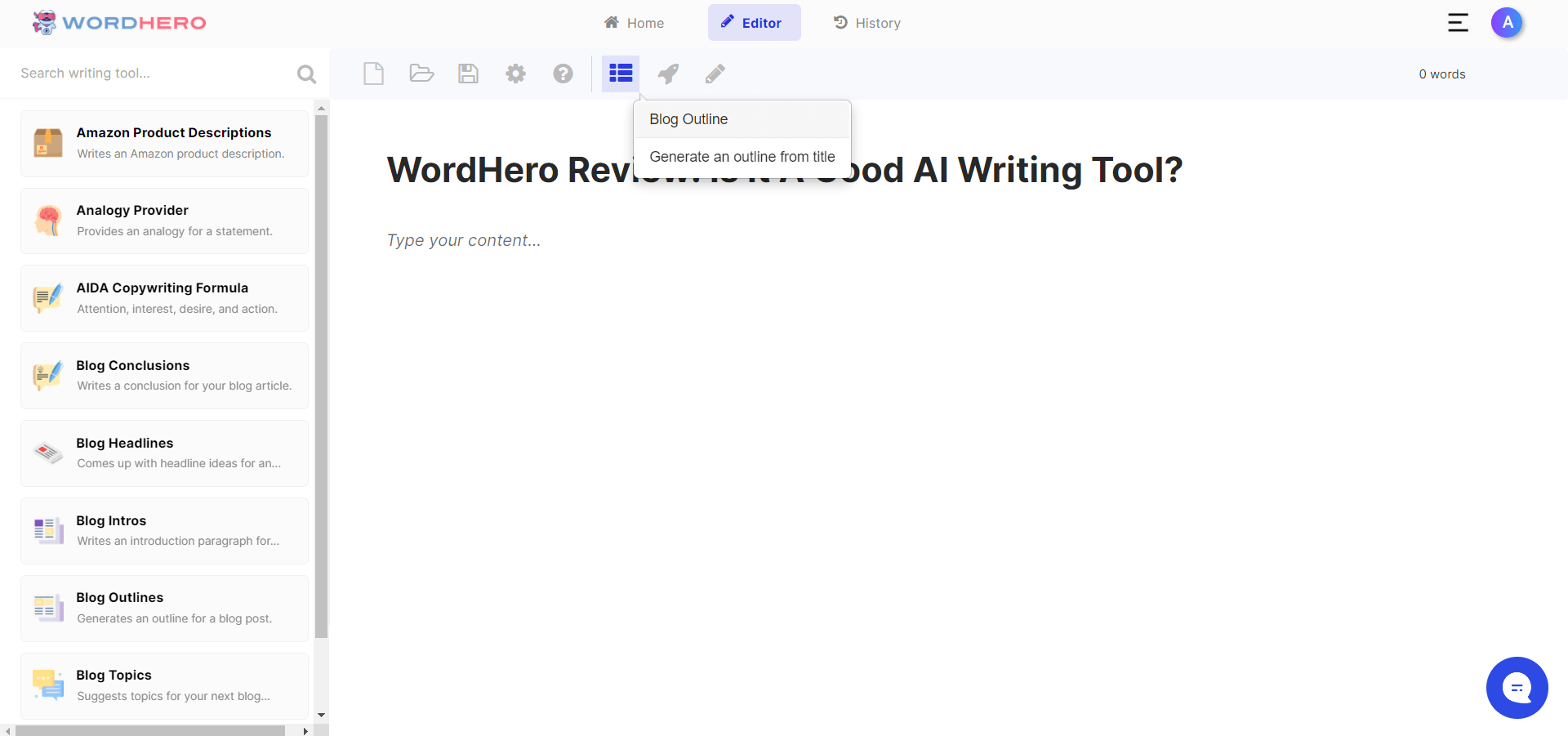 WordHero Generate Blog Outline