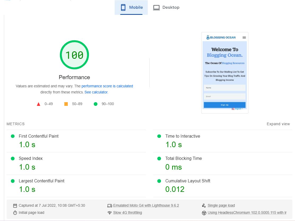 Blogging Ocean PageSpeed Score Mobile