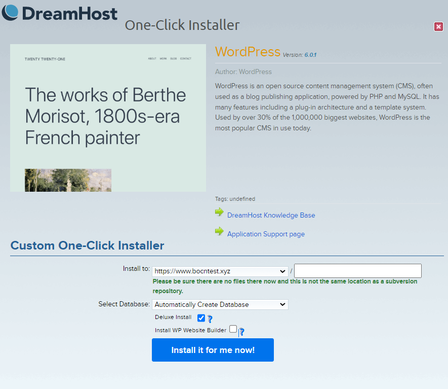 Dreamhost Painel de instalação do WordPress com um clique