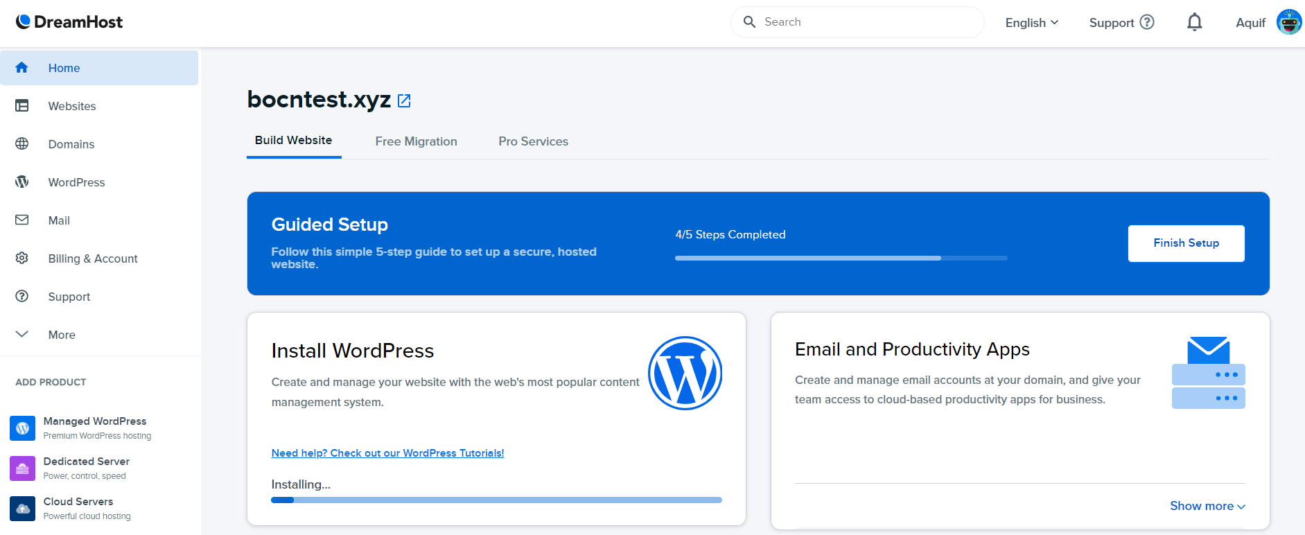 Dreamhost Pag-install ng Dashboard WordPress