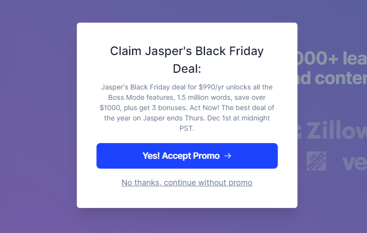 Jasper Black Friday Accept Promo Pop Up