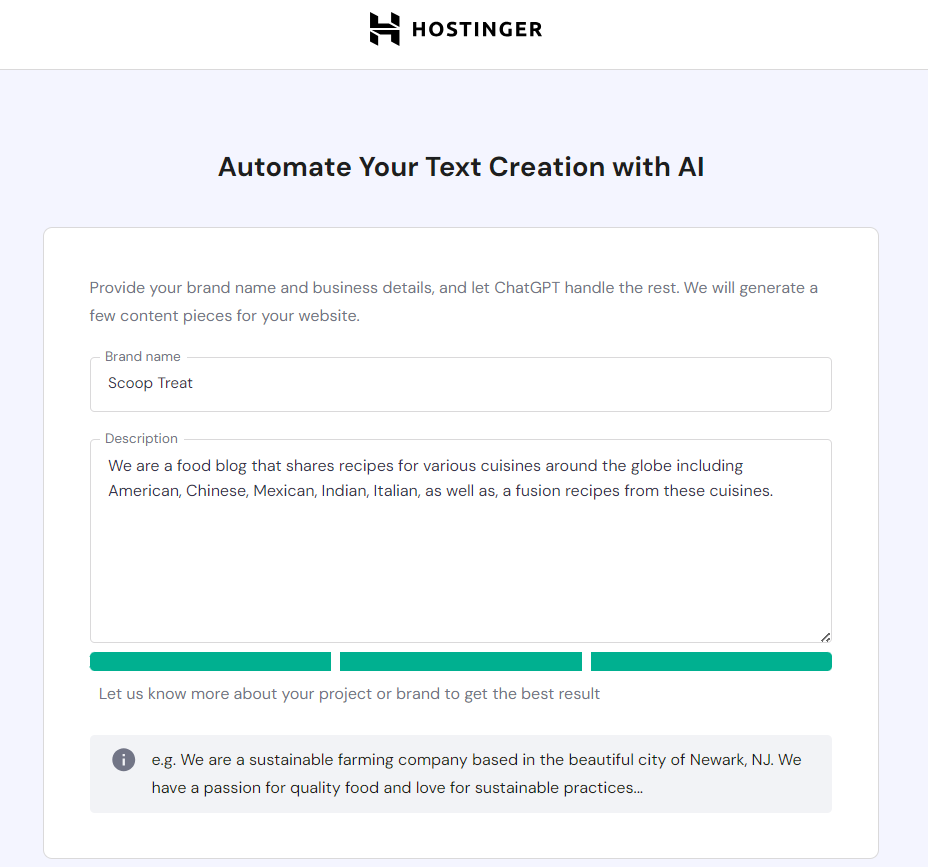 Hostinger New User Onboarding Automatically Create Text Using AI