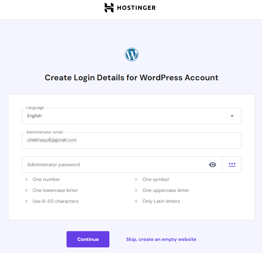 Hostinger New User Onboarding Create WordPress Login Details