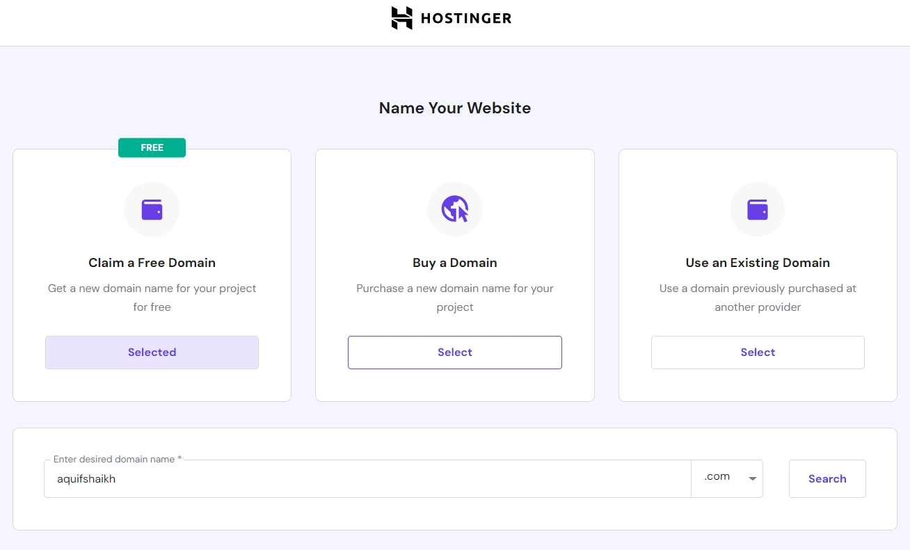 Hostinger New User Onboarding Search Domain Name