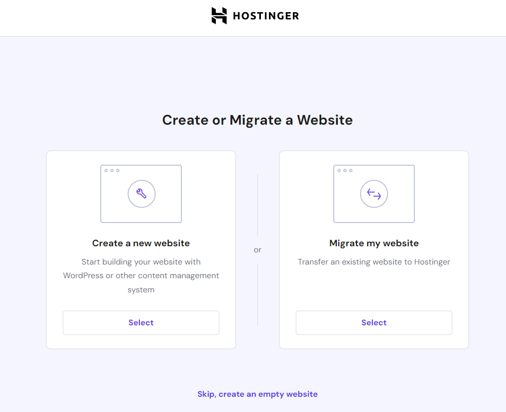 Hostinger User Onboarding Create Or MIgrate Website